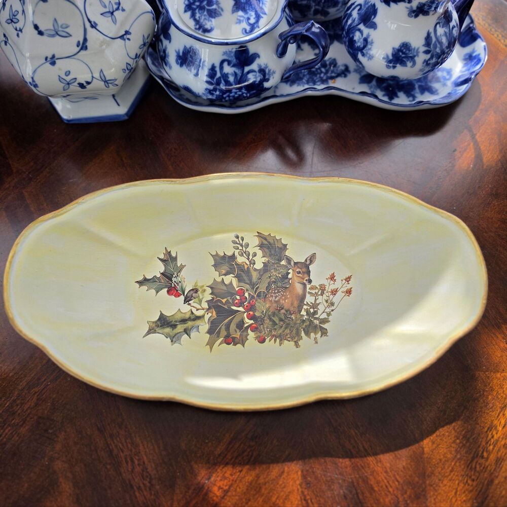 Vintage Hand-Painted Holly Berry and Fawn Ceramic Serving Dish | Holiday Decor